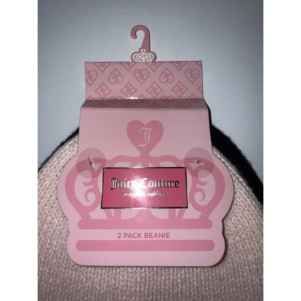 Juicy Couture Women 2 Pack Beanie Hat Set Pink Black Heart Logo Winter Cold NWT